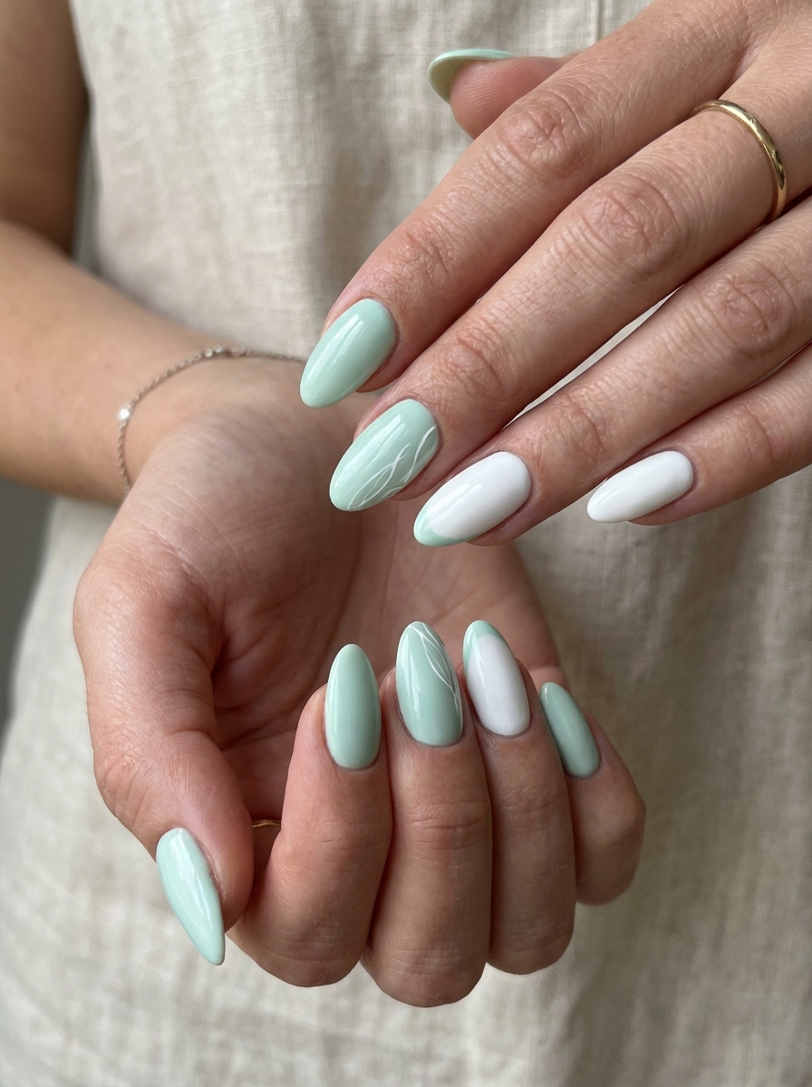 Mint and White Nails